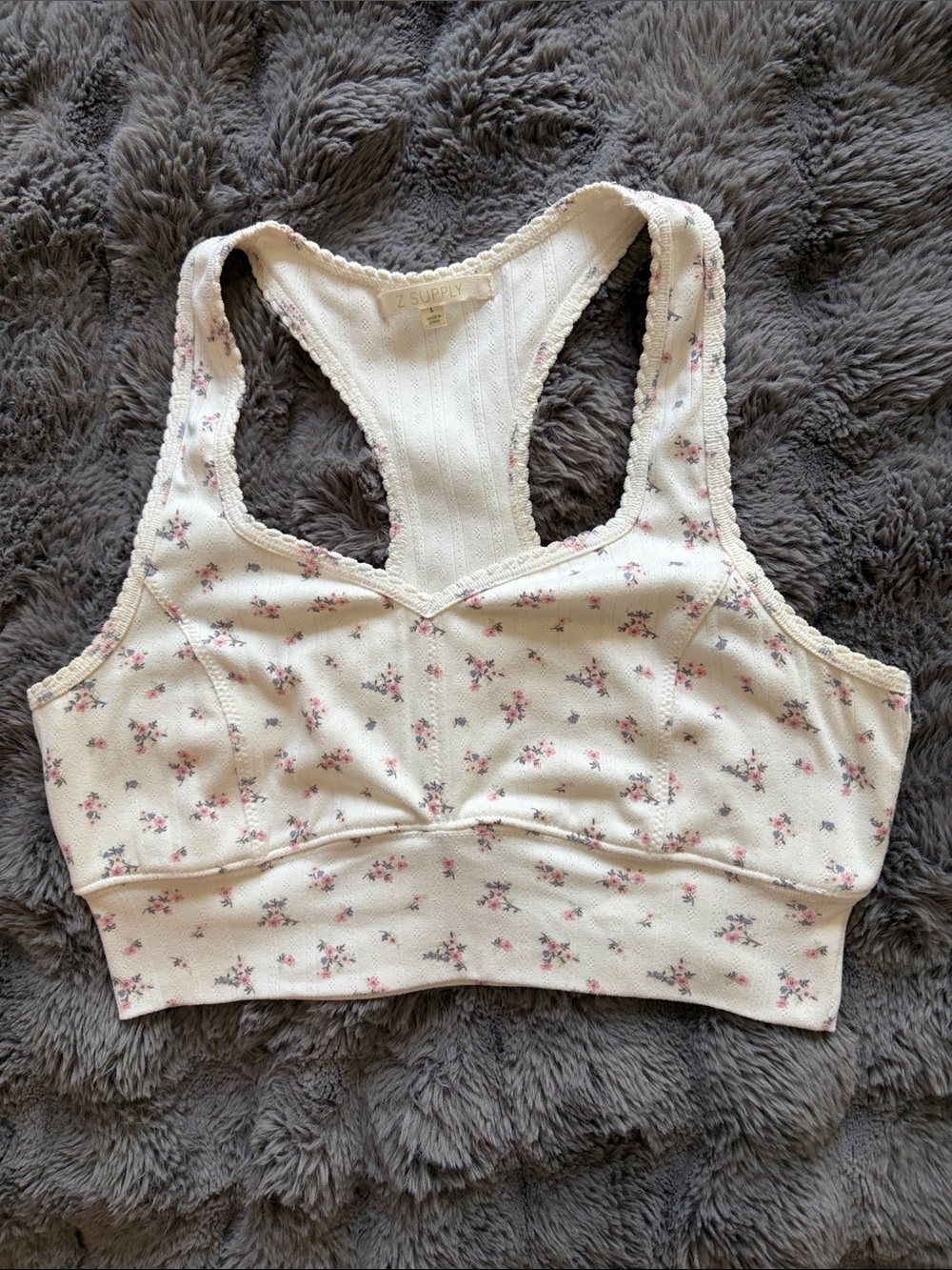 Z Supply Cream Ribbed Racerback Bralette with Pink Floral Print